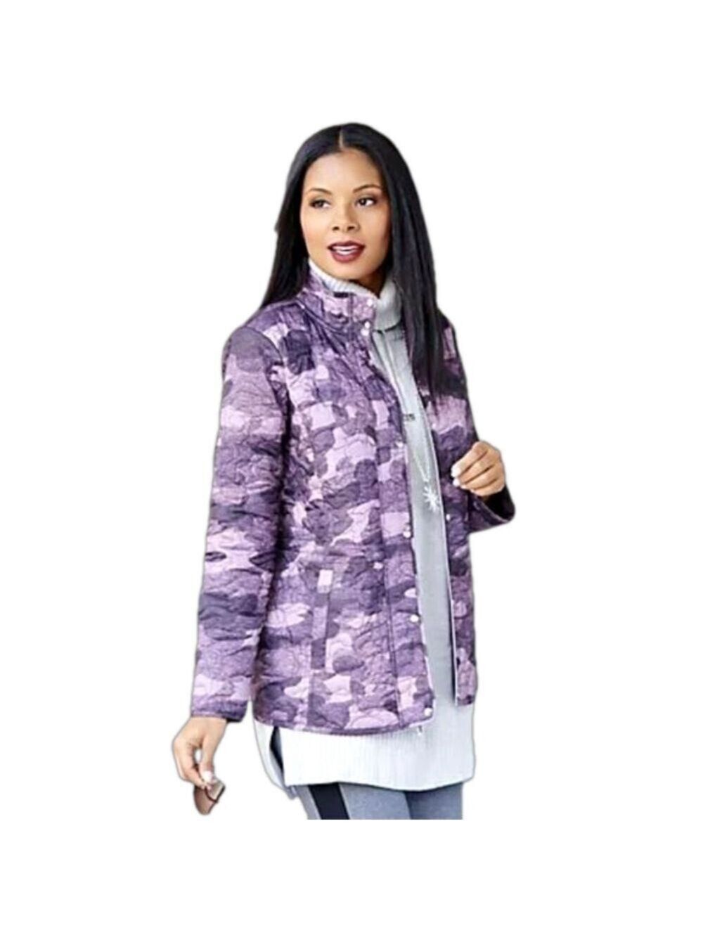 NWOT ISAAC MIZRAHI SOHO Nylon Quilted Camo Print Anorak Jacket Purple XS-S